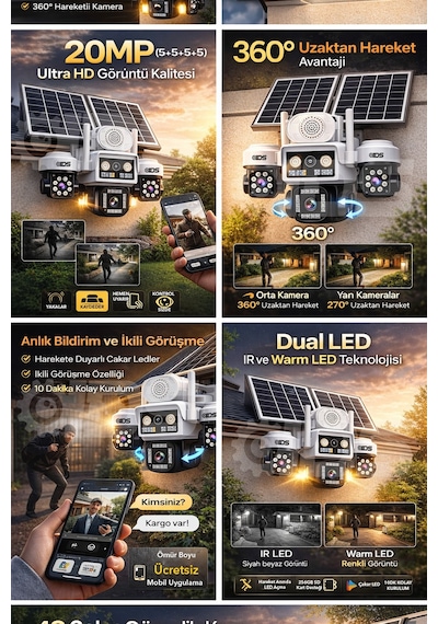 3 Otomatik 20mp 4 Kamera Solar 4g Güneş Enerjili Güvenlik Kamerası 128gb Sd Kart Ve 20gb İnternet