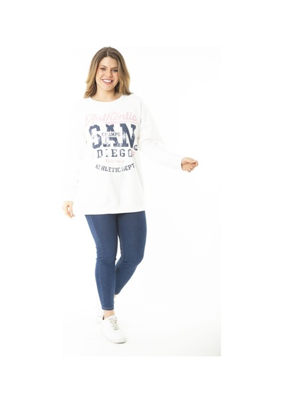 Şans Kadın Büyük Beden Kemik İçi Şardonlu İki İplik Ön Baskılı Sweatshirt 65n37158-kemik Kemik