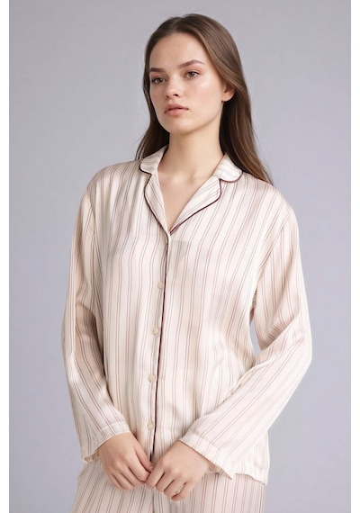 Defacto Çizgili Saten Pijama Takımı Üst Alt G0227ax26sper99 Ekru-er99
