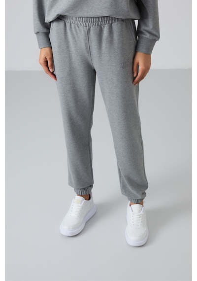 Tommy Life Gri Melanj Basic Pamuklu O Yaka Oversize Lastik Paça Kadın Eşofman Takım - 95287 GRİ MELANJ
