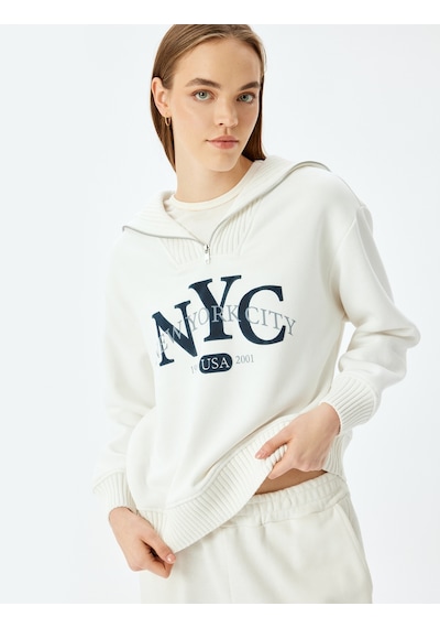 Koton Yarım Fermuarlı Baskılı Oversize Kolej Sweatshirt Ekru 5sal10516ık Ekru