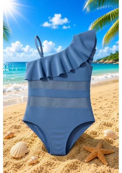 My Kids Wear Kız Çocuk Fırfır Ve Tül Detaylı Tek Parça Mayo. 12840 Mavi