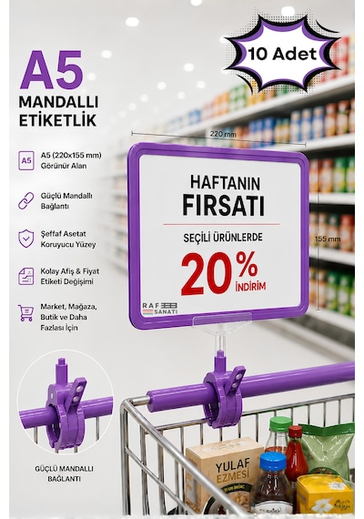 10 Adet - A5 Mandallı Etiketlik Fiyatlık Sepet Raf Askılık Fiyat Etiketi Çerçeveli Market Mağaza Mor