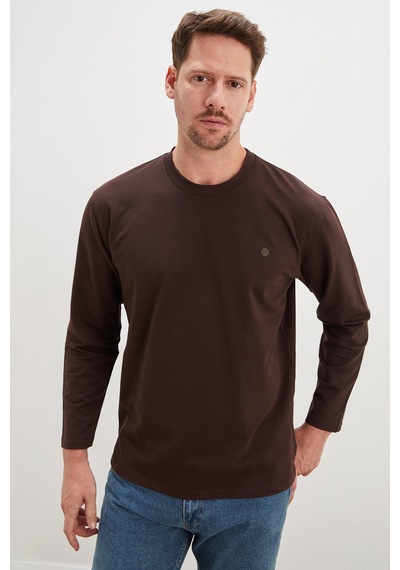 Fullamoda Baskılı Bisiklet Yaka Sweatshirt Kahve