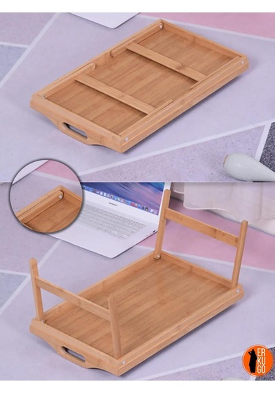 Katlanır Ayaklı Bambu Yatak Keyif Tepsisi 50cm 30cm , Portatif Tepsi Kahverengi