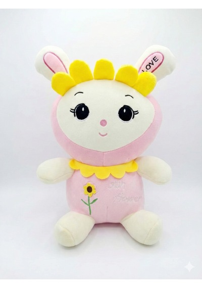 35 Cm Ayçiçeği Kostümlü Pembe Peluş Tavşan - Yumuşak Uyku Arkadaşı - Sun Flower Nakışlı Beyaz - Pembe