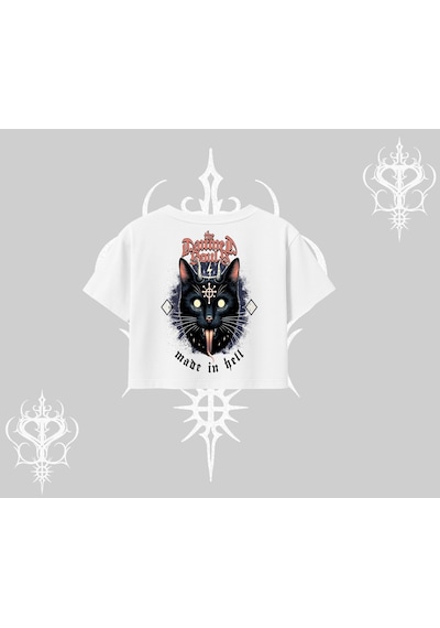 Startmore Startmore Gothic Cat Made İn Hell Baskılı Sweatshirt Oversize Crop Tshirt Beyaz