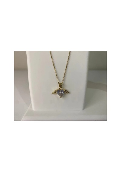 Lunarie Melek Kanatlı Kalp Taşlı 14k Gold Çelik Kolye Altın
