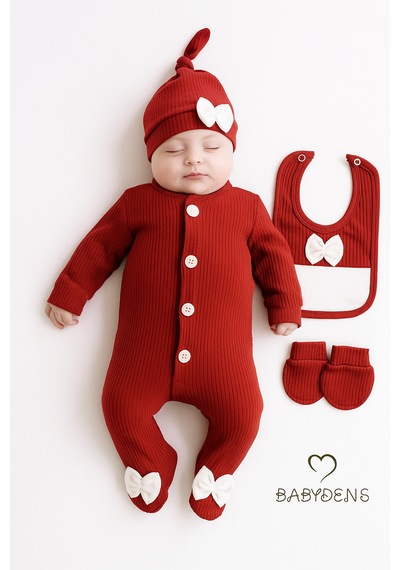 Babyden's 4 'lü Kız Bebek Fitilli Yenidoğan Bebek Tulum Seti %100 Pamuklu Hastane Çıkışı Bordo