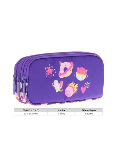 Kaukko Kids Üç Bölmeli Mor, Şekerlemeler, Kız Çocuk Okul Kalem Çantası - L8216 Mor