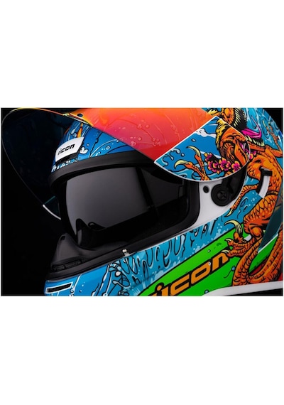 Icon Airform Dino Fury Mıps Kapalı Motosiklet Kaskı Mavi Yeşil Turuncu Mavi - Yeşil