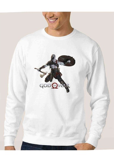 God Of War The Force Baskılı Beyaz Erkek Örme Sweatshirt