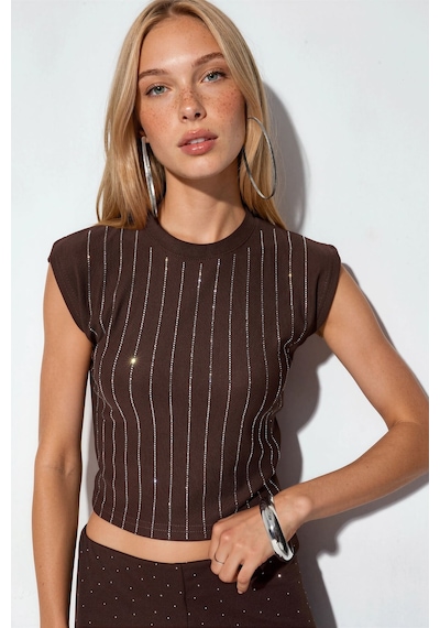 Hiccup Bdart Bisiklet Yaka Slim Fit Taşlı Bluz Mocha Kahvesi
