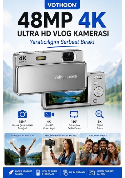 Dijital Kamera 4k Hd 48mp 8x Zoom Flaşlı Kayar Retro Video Kamera 2.4 Ekran 64gb Sd KartGümüş Najmaddin