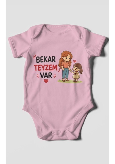 Morivokids Bekar Teyzem Var Kısa Kollu Bebek Body %100 Pamuk Koyu Pembe
