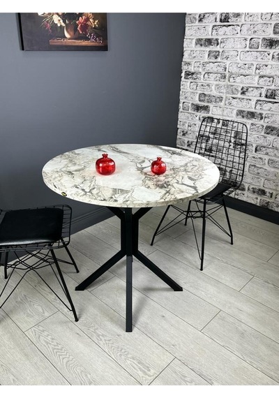Saray Efes Yuvarlak Mutfak Masası Yemek Masası Balkon Masası Metal Siyah Ayak 80 Cm