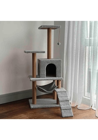 Pet B-07 Hamaklı Yuvalı Lüx Kedi Tırmalama Oyun Evi Gri