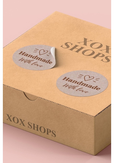Kalp İkonlu Handmade With Love Kraft Sticker 3x3cm St2258 Çok Renkli