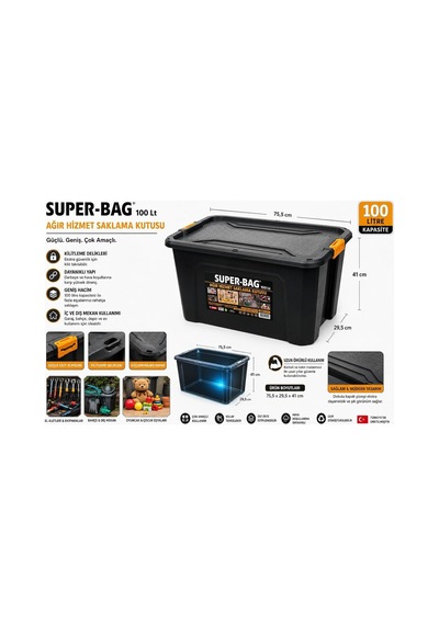 Super Bag 100 L Kapaklı Saklama Kutusu, Ağır Hizmet Plastik Depolama Kutusu, Çok Amaçlı Eşya Düzenleme Ve Saklam Diğer