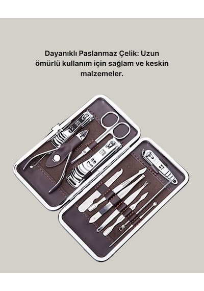 Özel Deri Çantalı 12 Parça Manikür Pedikür Bakım Seti Paslanmaz Çelik - Lisinya