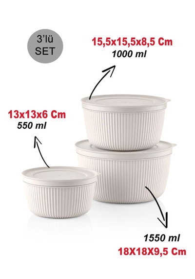 Saklama Kabı 3'lü Set 1550 - 1000 - 550ml Depolama Kutusu - Gıda Çerezlik Hobi Çok Amaçlı Box Beyaz