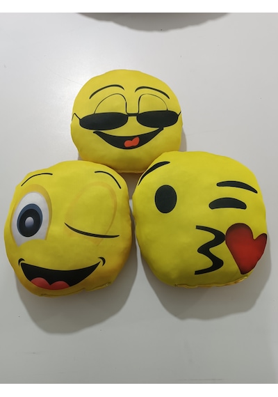3 Lü Emoji Gözlüklü, Öpücük, Göz Kırpan 3 Lü Set Yuvarlak Boyun Yastığı Sarı