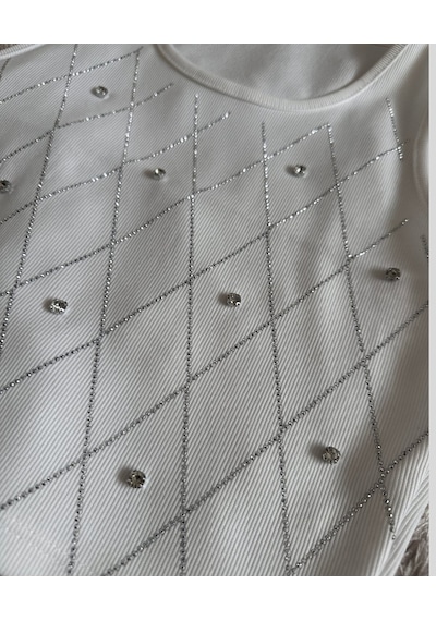 Intive Moda Ottoman Kumaş Baklava Desen Bisiklet Yaka Parlak Taşl Beyaz