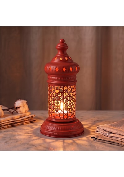 Beyaz Geometrik Metal Fener Selçuklu Yıldızı Çay Feneği Tutucu Minimalist Fas Mum Dekorasyonu Kırmızı