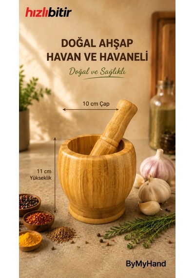 Bymyhand Bambu Doğal Ahşap Havan Havaneli Sarımsak Ezeceği Baharat Döveceği 11 X 10 Cm