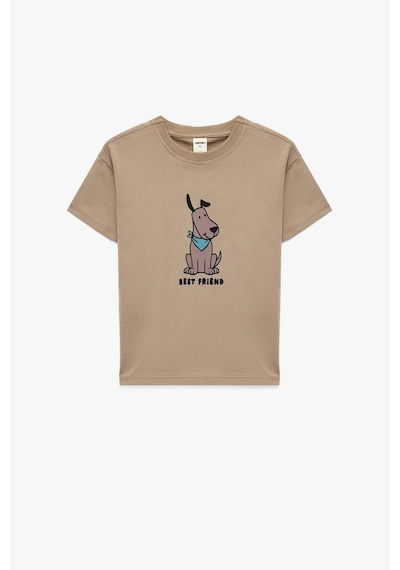Koton Erkek Bebek Köpek Baskılı Kısa Kollu Bisiklet Yaka Pamuklu Oversize Tişört Kahve
