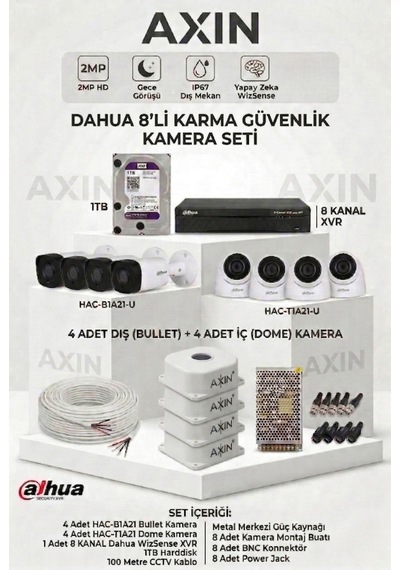 8 Li Güvenlik Kamera Seti - 4 Dış + 4 İç Mekan Kamera - Gece Görüş - Yapay Zeka - 1tb Hdd