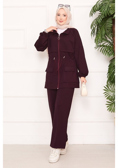 Butik Kadın Fermuarlı Cep Detaylı Tesettür Eşofman Takımı Bordo Bordo