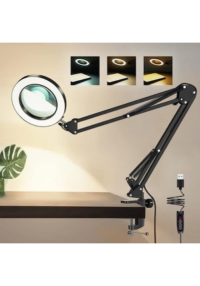 8x Büyüteçli Led 360 Derece Ayarlanabilir Masa Lambası 3 Renk Modlu Metal Esnek Kelepçeli