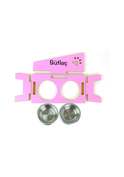 Ahşap Çelik Kâseli Özel Isim Baskılı Kedi- Küçük Irk Köpek Mama Ve Su Kabı-pembe-2 350 Ml.