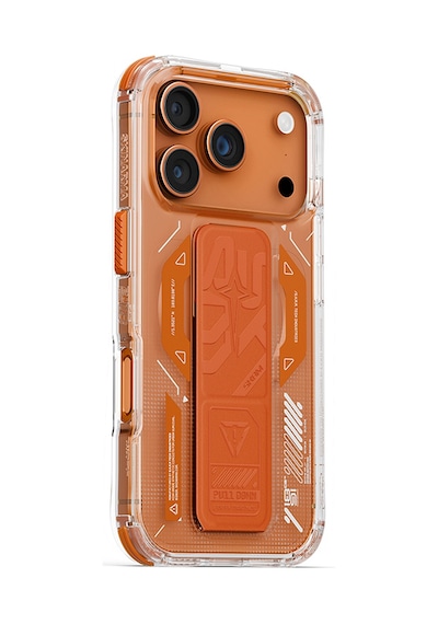 Apple Uyumlu iPhone 17 Pro Kılıf M-safe Teknoloji Desenli Skinarma Helio Mag Charge Standlı Kapak Turuncu Turuncu