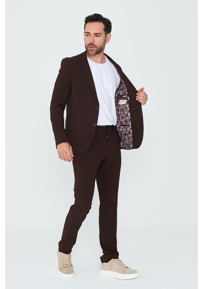 Kahverengi Mono Yaka 6 Drop Regular Fit Jogger Takım Elbise Kahve