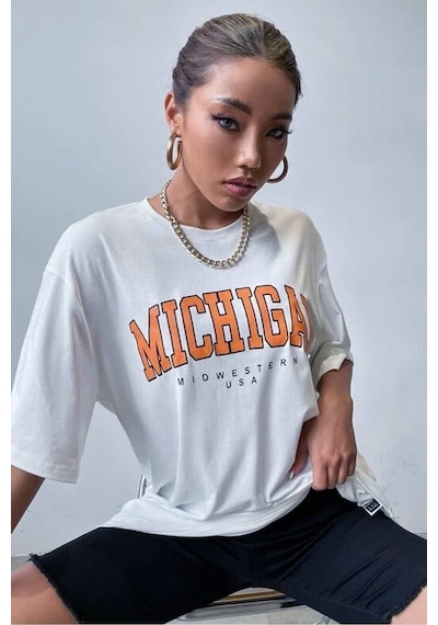 Blackjack Giyim Blackjackgiyim Kadın Beyaz Oversize Michigan Baskılı Tshirt Beyaz