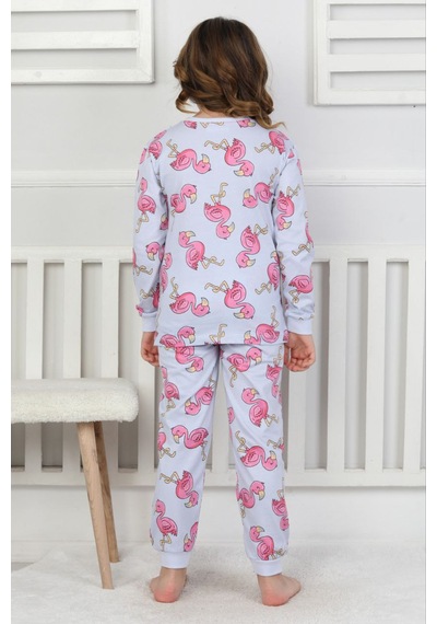 Fidekids Kız Çocuk Flamingo Desen %100pamuklu Pijama Takımı Açık Mavi - Pembe