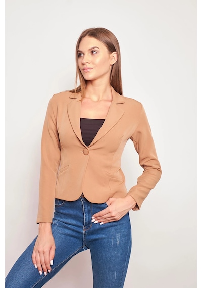 Yakalı Flato Cepli Uzun Kol Pamuklu Kumaş Kısa Blazer Ofis Ceket-camel CAMEL