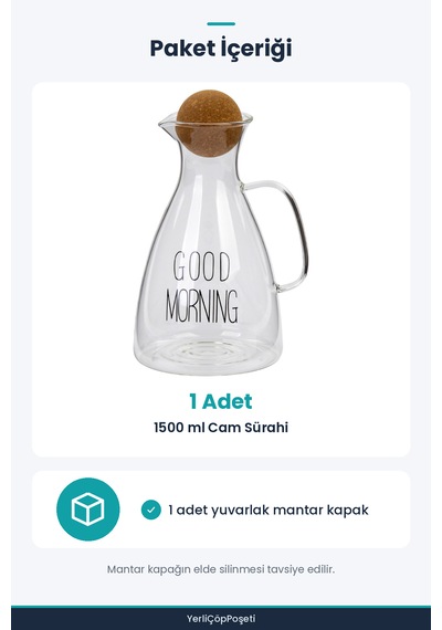Yuvarlak Mantar Kapaklı Sürahi - 1,5 L - Cam