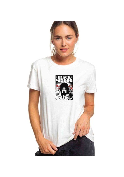 Black Mirror White Bear Baskılı Beyaz Kadın Tshirt
