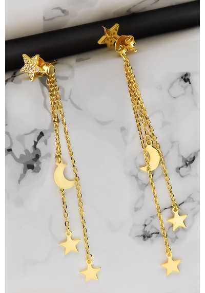 Papatya Silver 925 Ayar Gümüş Gold Kaplama Zincir Sallantılı Ay Yıldız Küpe
