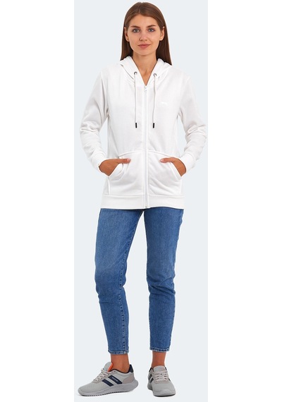 Slazenger KATYA Kadın Fermuarlı Kapüşonlu Cepli Beyaz Sweatshirt