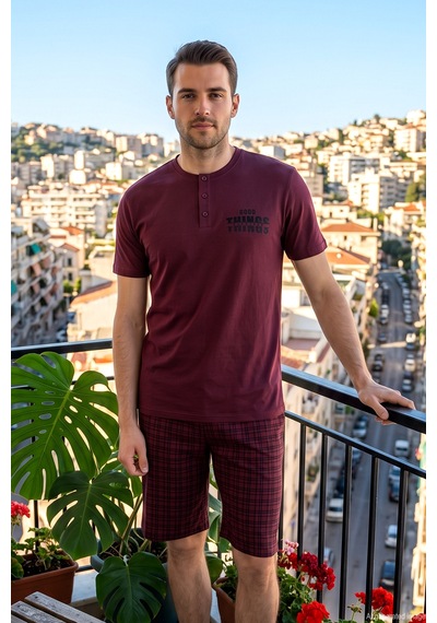 Aydoğan Erkek Kısa Kollu Şortlu Pamuklu Pijama Takımı 260006 Bordo