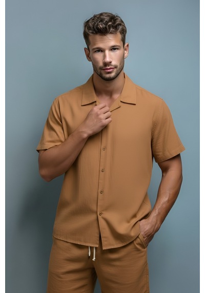 Mcz Giyim Keten Kiremit Renk Slim Fit Erkek Şort - Gömlek Alt Üst Takım