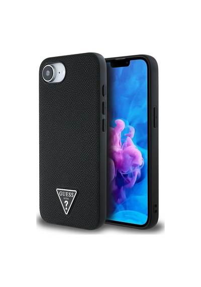 Apple iPhone 16e Uyumlu Kılıf Guess Lisanslı M-safe Şarj Özellikli Grained Triangle Kapak Siyah