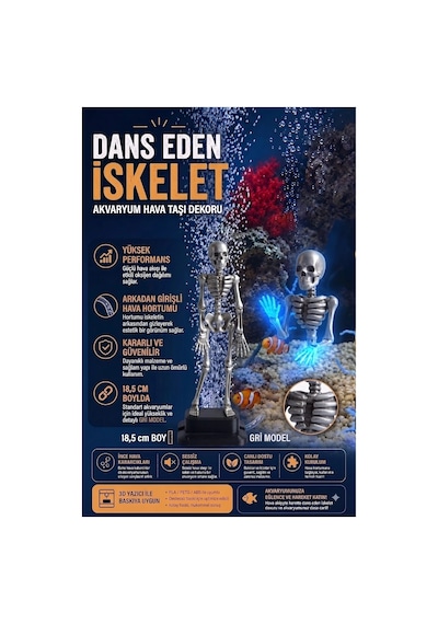 3d Baskı Gri Dans Eden İskelet Akvaryum Hava Taşı 18,5 Cm