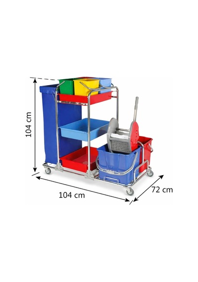 Krom Kat Hizmet Ve Temizlik Arabası 2x20 Lt Kovalı, 4x6 Lt Ayrışım Kovası, Pvc Çamaşır Torbalı, Frenli Tek