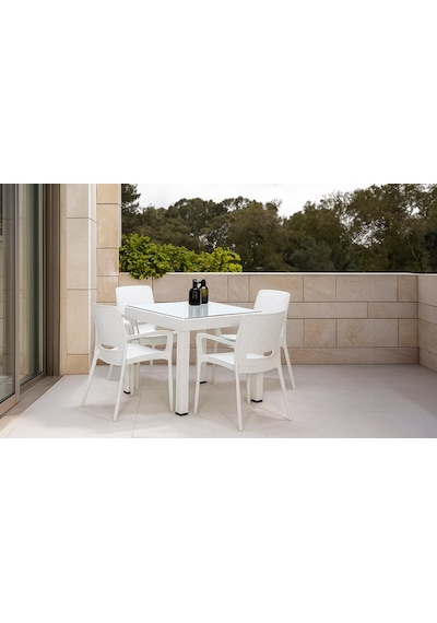 Rattan Camlı Lüx 80x80 Masa Takımı 1 Masa + 4 Sandalye Beyaz Bahçe Balkon Teras Beyaz