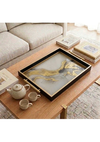Modern Lüks Desenli Dekoratif Tepsi & Siyah Gold Çerceveli Kulplu Çay Kahve Sunum Tepsisi